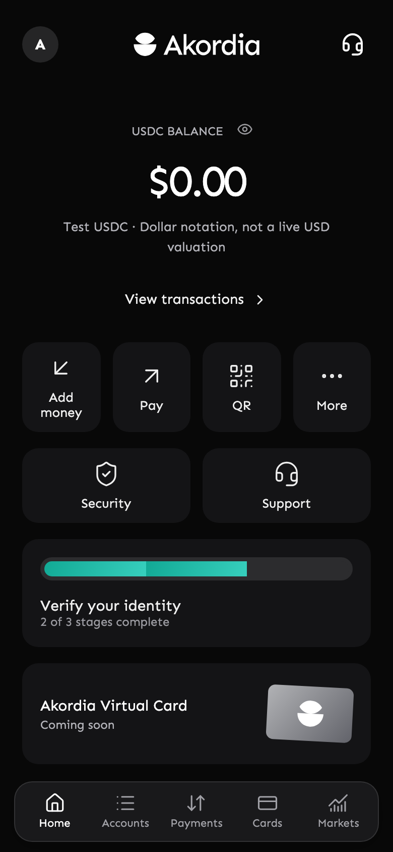 Akordia home with a zero test-USDC balance and wallet actions